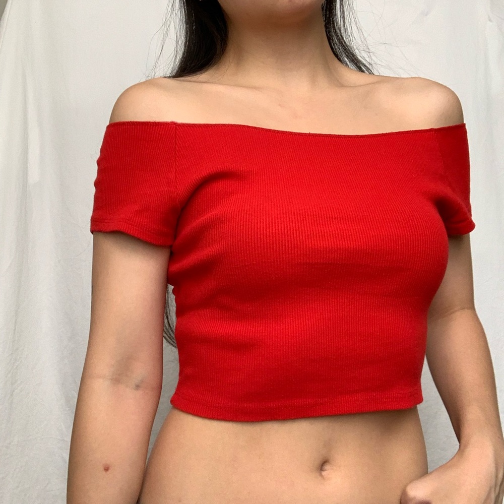Brandy Melville Red Off the Shoulder Crop Top
